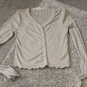 Lily Star Light Beige Ribbed Button-Down Top